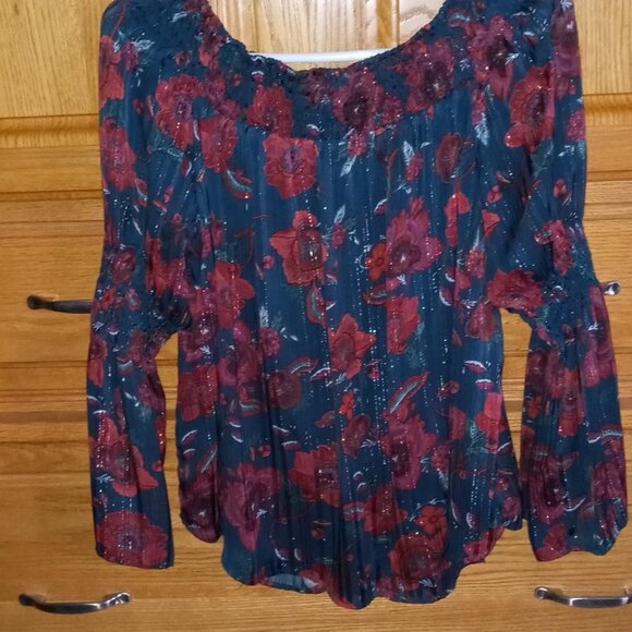 🌸Charming Charlie Floral Scoop Neck Women's Babydoll Top Teal Red Shiny Boho🌸 - Picture 8 of 12